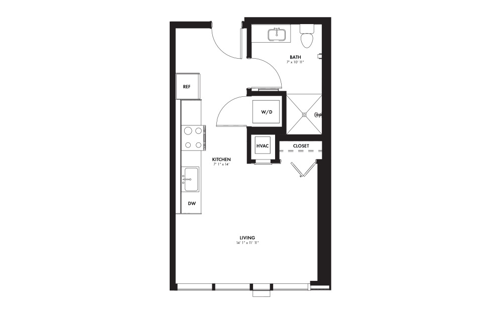 SA - Studio floorplan layout with 1 bath and 424 square feet.