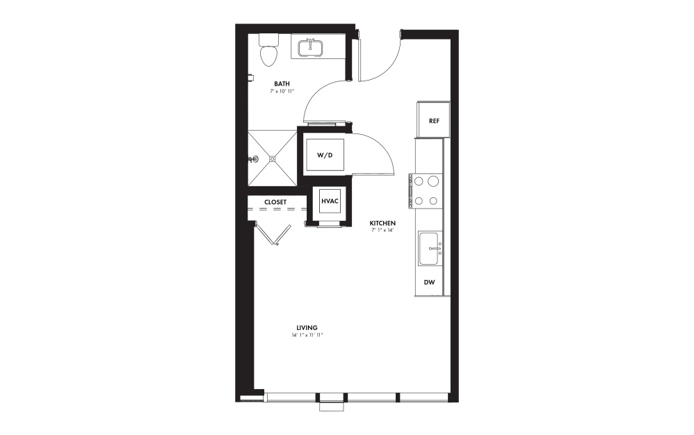 SAR - Studio floorplan layout with 1 bath and 415 square feet.