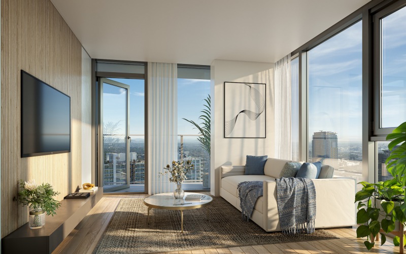 Living room with couch and large windows