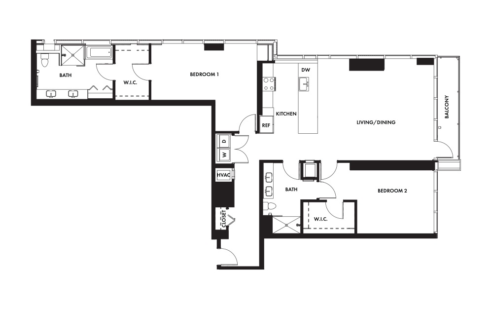 Penthouse 1 - 2 bedroom floorplan layout with 2 baths and 1745 square feet.