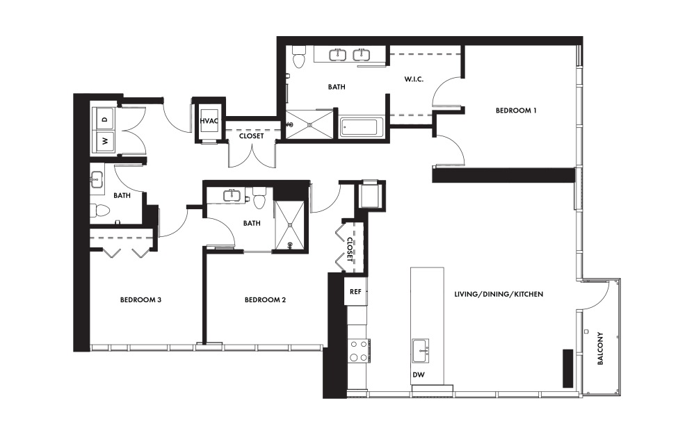 Penthouse 2 - 3 bedroom floorplan layout with 2.5 baths and 1387 square feet.