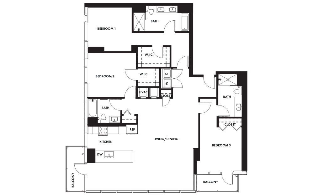 Penthouse 5 - 3 bedroom floorplan layout with 3 baths and 1853 square feet.