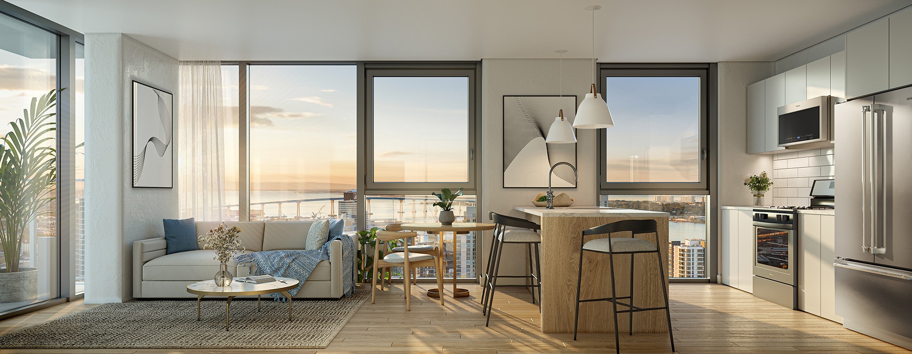 large kitchen and living room with large windows